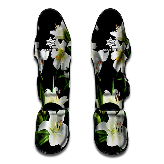 White Lily Print Muay Thai Shin Guard