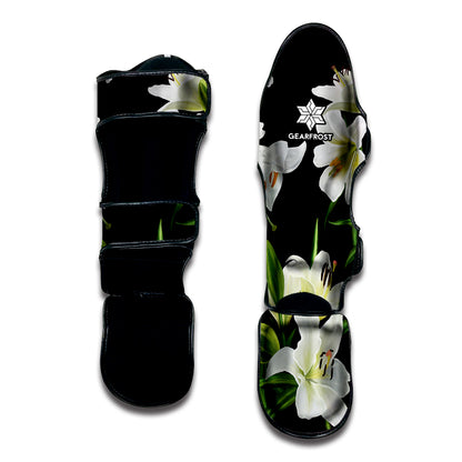 White Lily Print Muay Thai Shin Guard