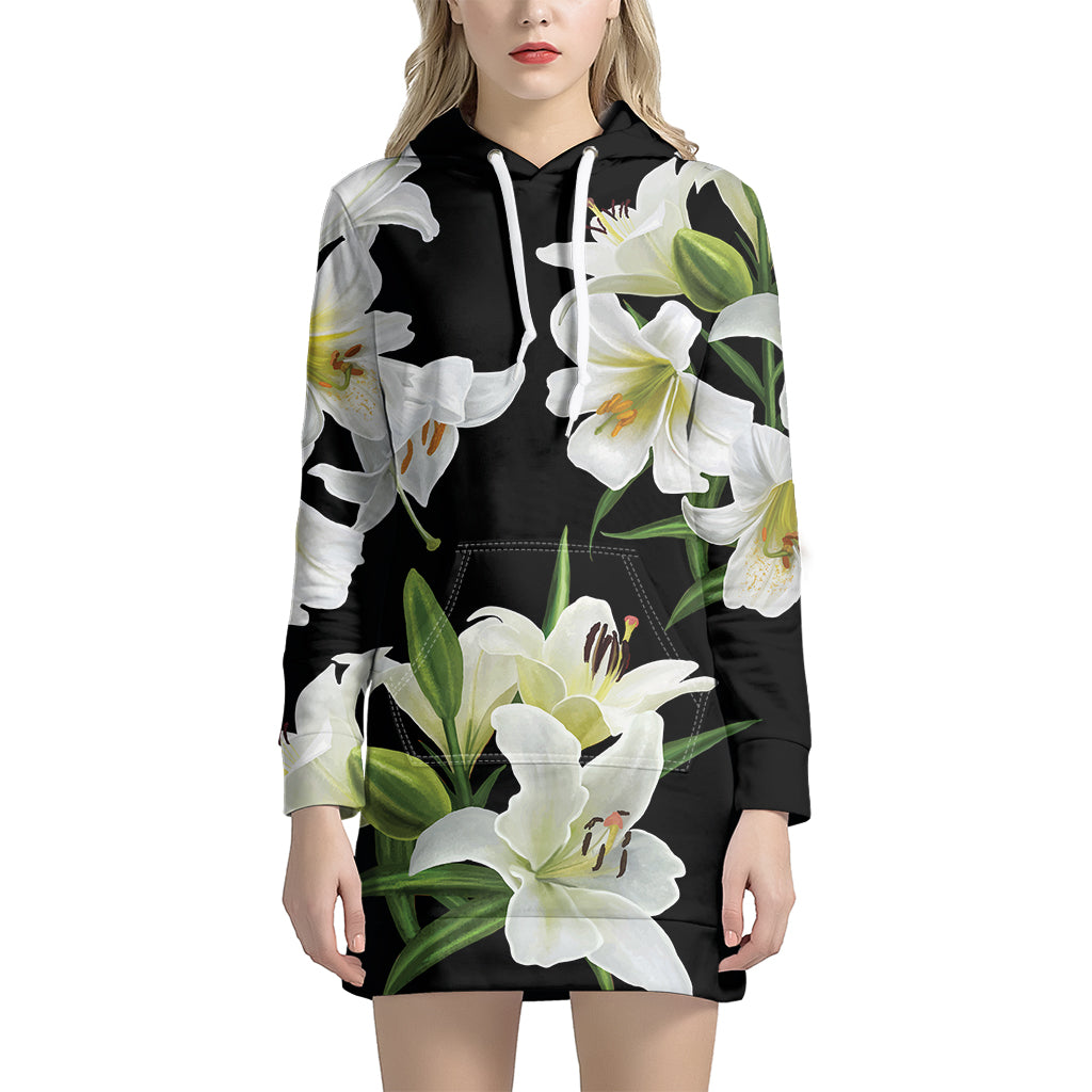 White Lily Print Pullover Hoodie Dress