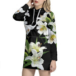 White Lily Print Pullover Hoodie Dress
