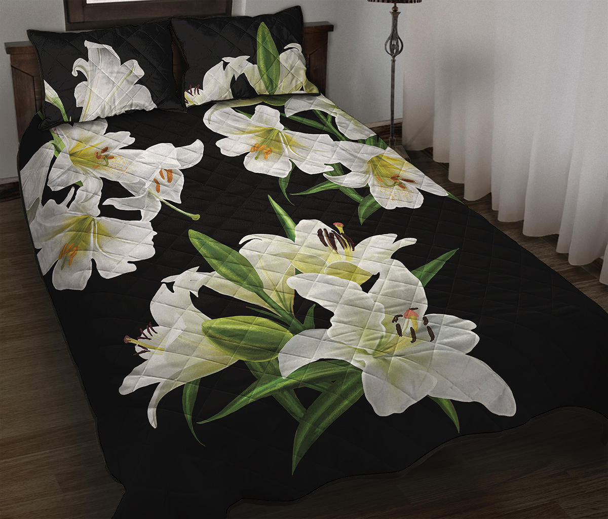 White Lily Print Quilt Bed Set