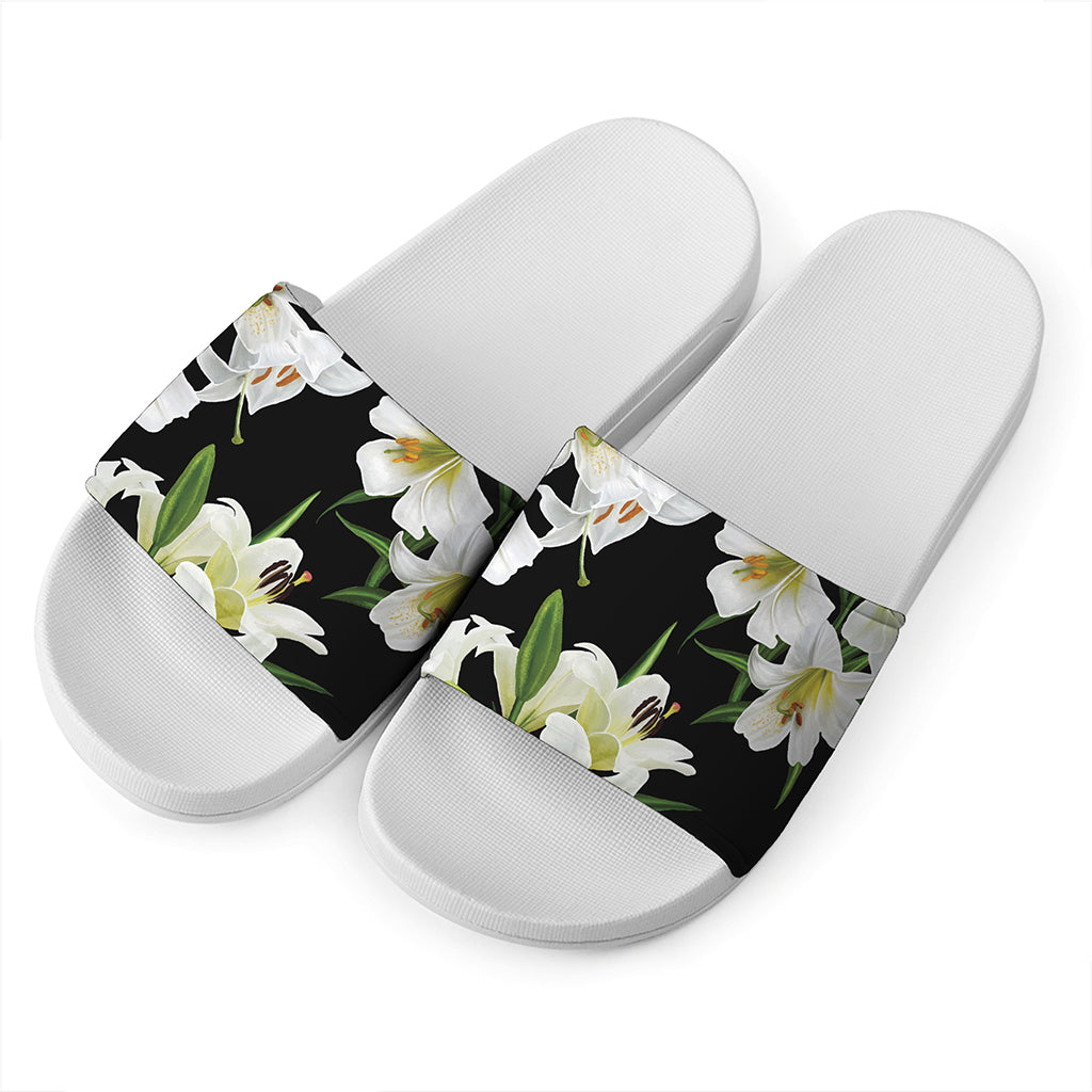 White Lily Print White Slide Sandals
