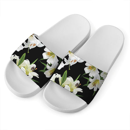 White Lily Print White Slide Sandals