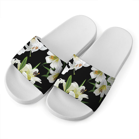 White Lily Print White Slide Sandals
