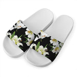 White Lily Print White Slide Sandals