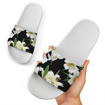 White Lily Print White Slide Sandals