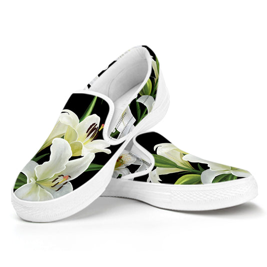 White Lily Print White Slip On Shoes