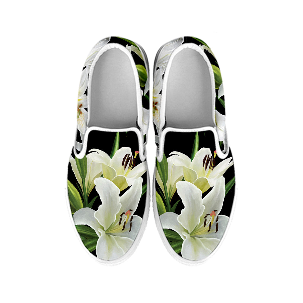 White Lily Print White Slip On Shoes