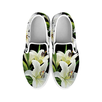 White Lily Print White Slip On Shoes