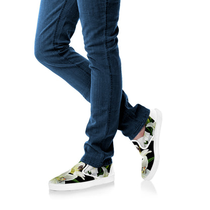 White Lily Print White Slip On Shoes