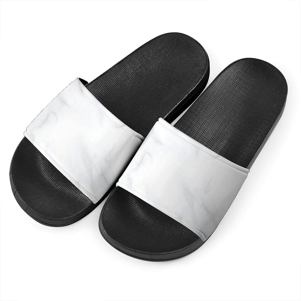 White Marble Print Black Slide Sandals