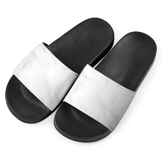 White Marble Print Black Slide Sandals