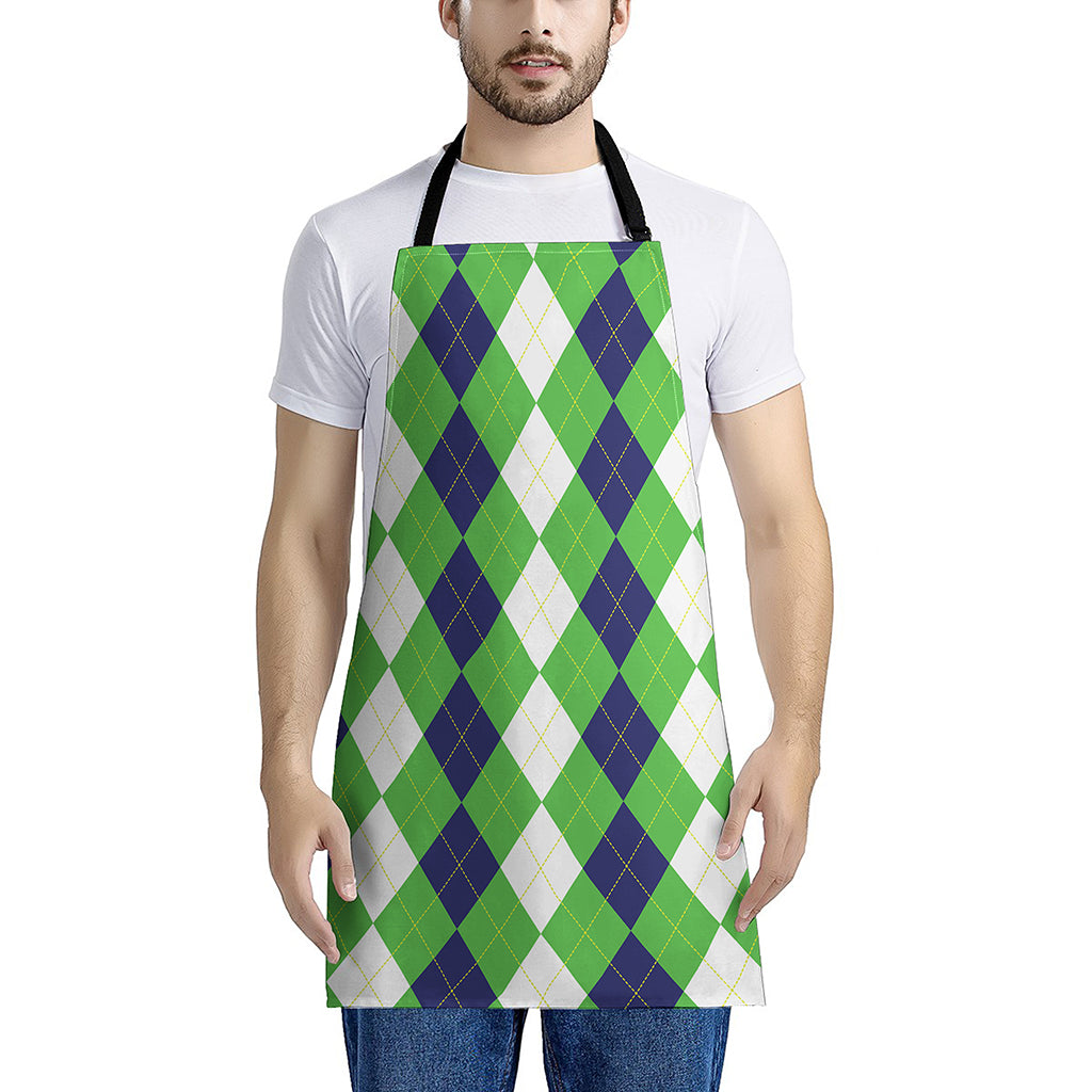 White Navy And Green Argyle Print Apron