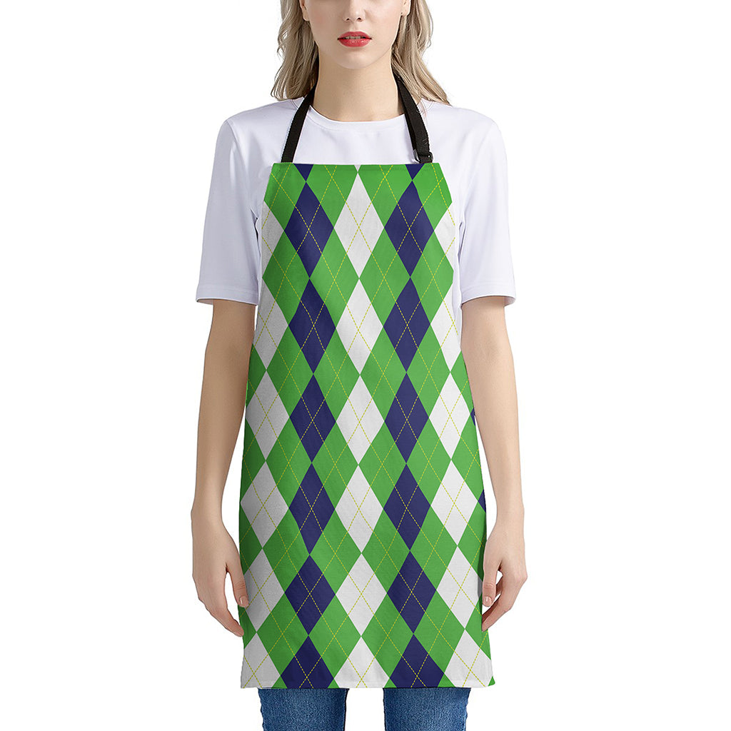 White Navy And Green Argyle Print Apron