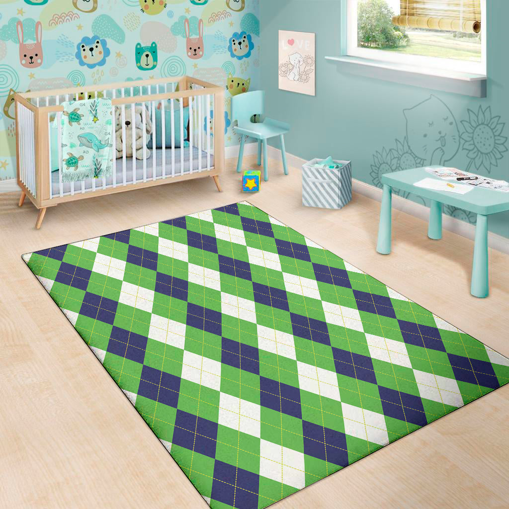 White Navy And Green Argyle Print Area Rug