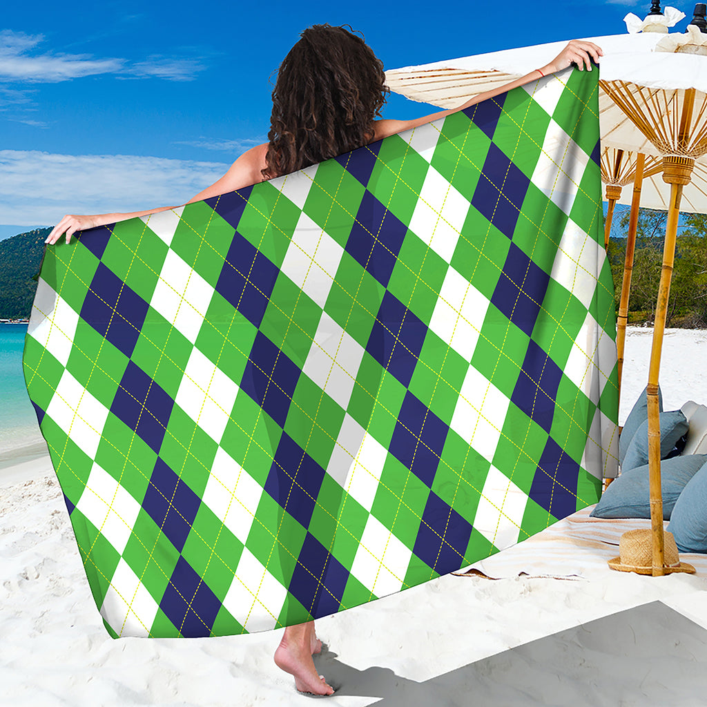 White Navy And Green Argyle Print Beach Sarong Wrap