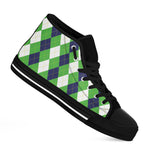 White Navy And Green Argyle Print Black High Top Shoes
