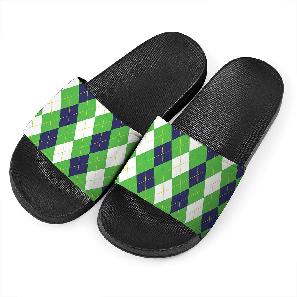 White Navy And Green Argyle Print Black Slide Sandals