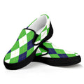 White Navy And Green Argyle Print Black Slip On Sneakers