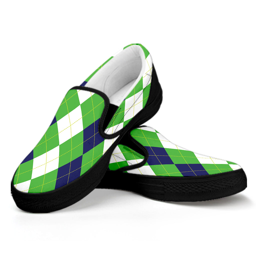 White Navy And Green Argyle Print Black Slip On Shoes