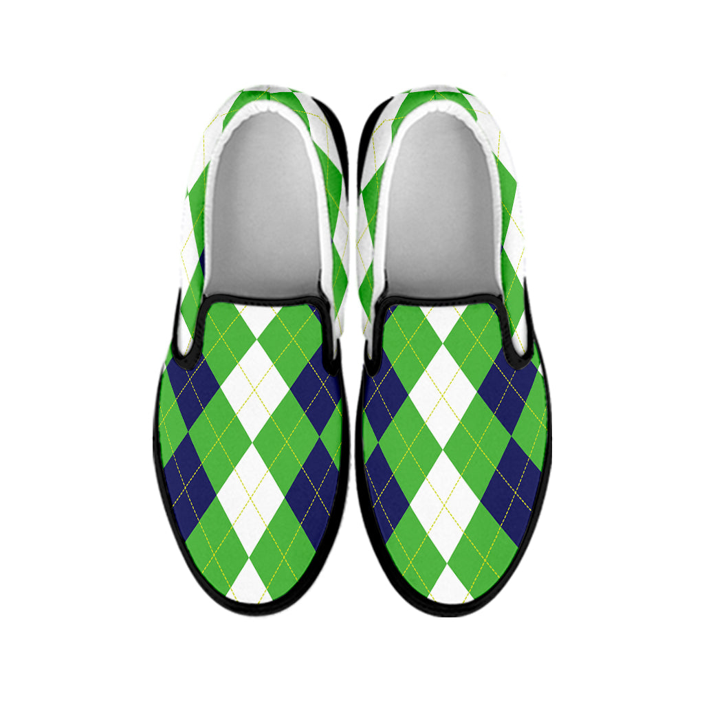 White Navy And Green Argyle Print Black Slip On Shoes