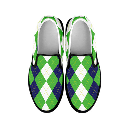 White Navy And Green Argyle Print Black Slip On Shoes