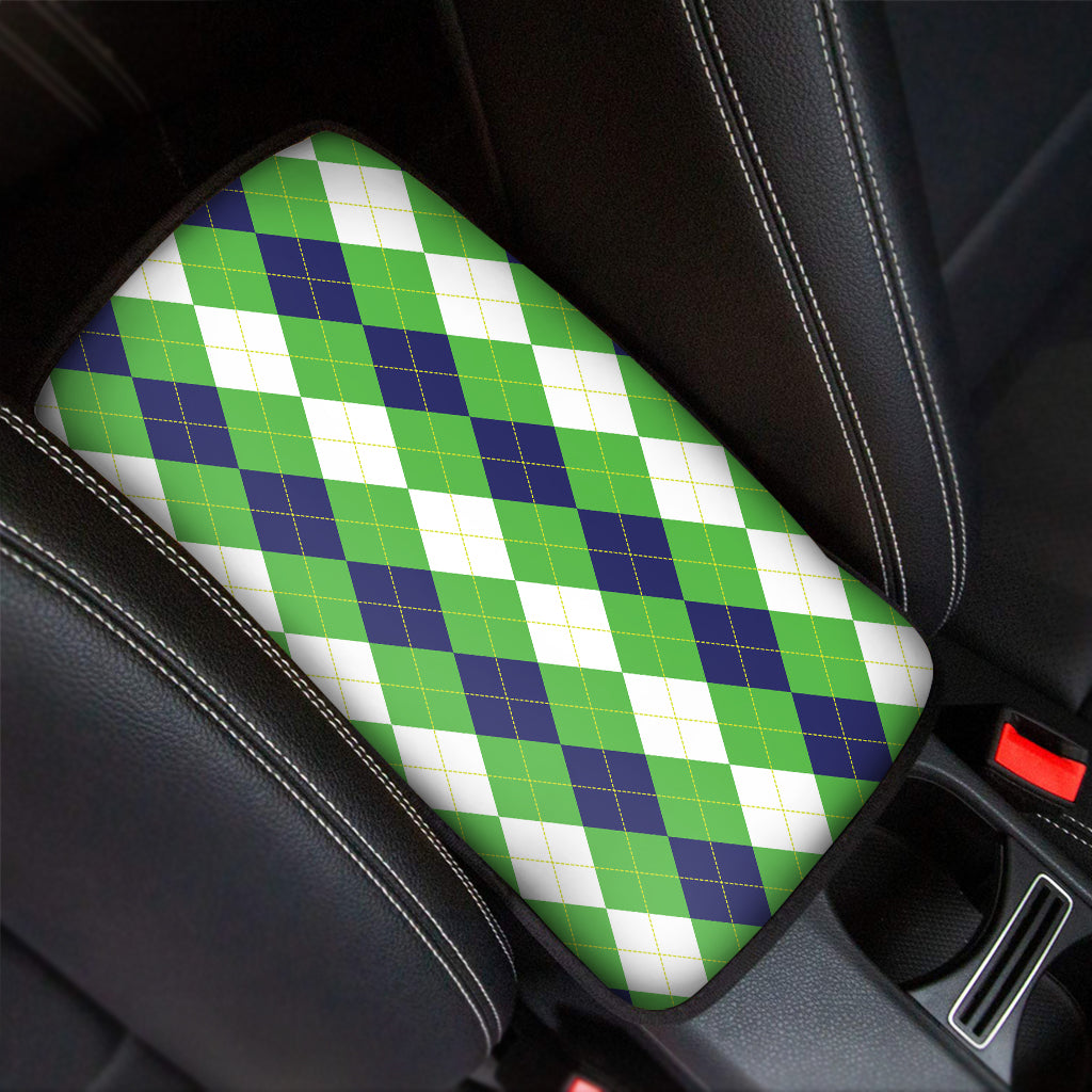 White Navy And Green Argyle Print Car Center Console Cover
