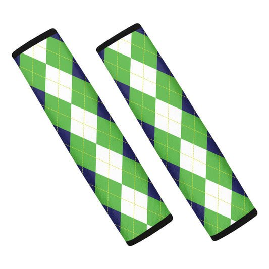 White Navy And Green Argyle Print Car Seat Belt Covers