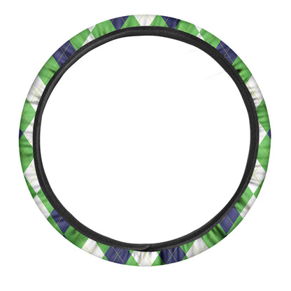 White Navy And Green Argyle Print Car Steering Wheel Cover