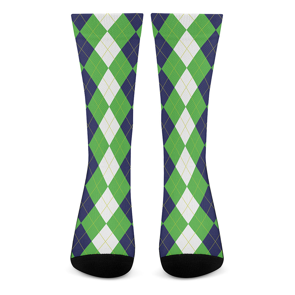 White Navy And Green Argyle Print Crew Socks
