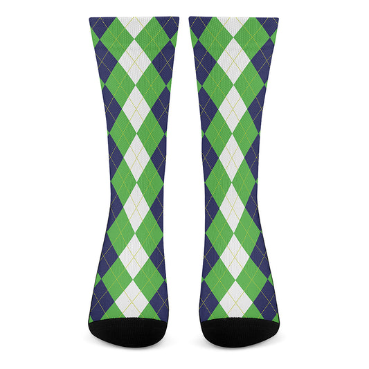 White Navy And Green Argyle Print Crew Socks