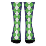 White Navy And Green Argyle Print Crew Socks