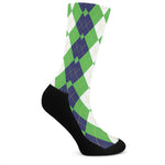 White Navy And Green Argyle Print Crew Socks