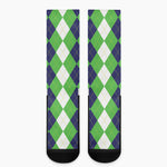 White Navy And Green Argyle Print Crew Socks