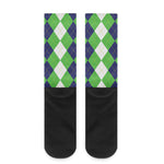 White Navy And Green Argyle Print Crew Socks