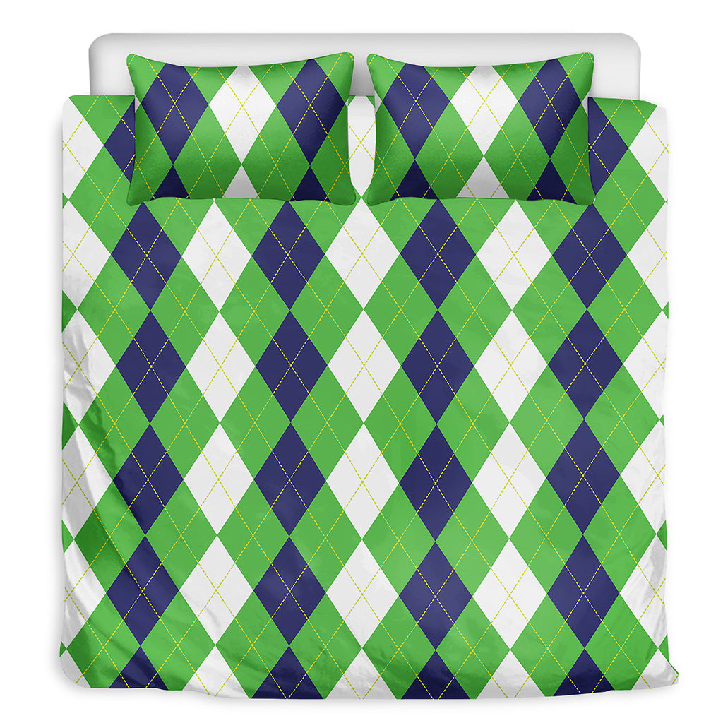 White Navy And Green Argyle Print Duvet Cover Bedding Set