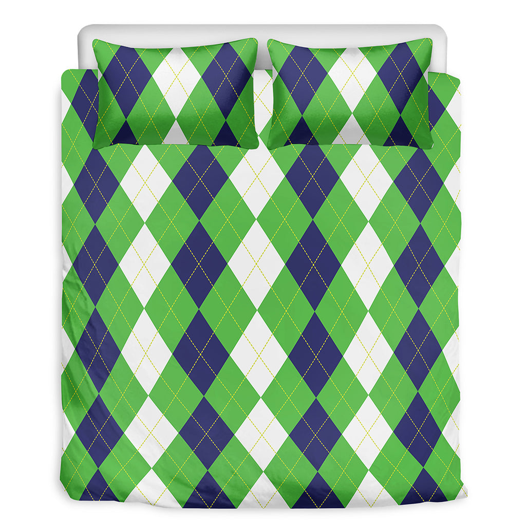 White Navy And Green Argyle Print Duvet Cover Bedding Set