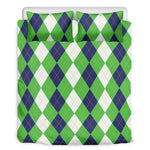 White Navy And Green Argyle Print Duvet Cover Bedding Set