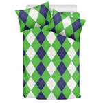 White Navy And Green Argyle Print Duvet Cover Bedding Set