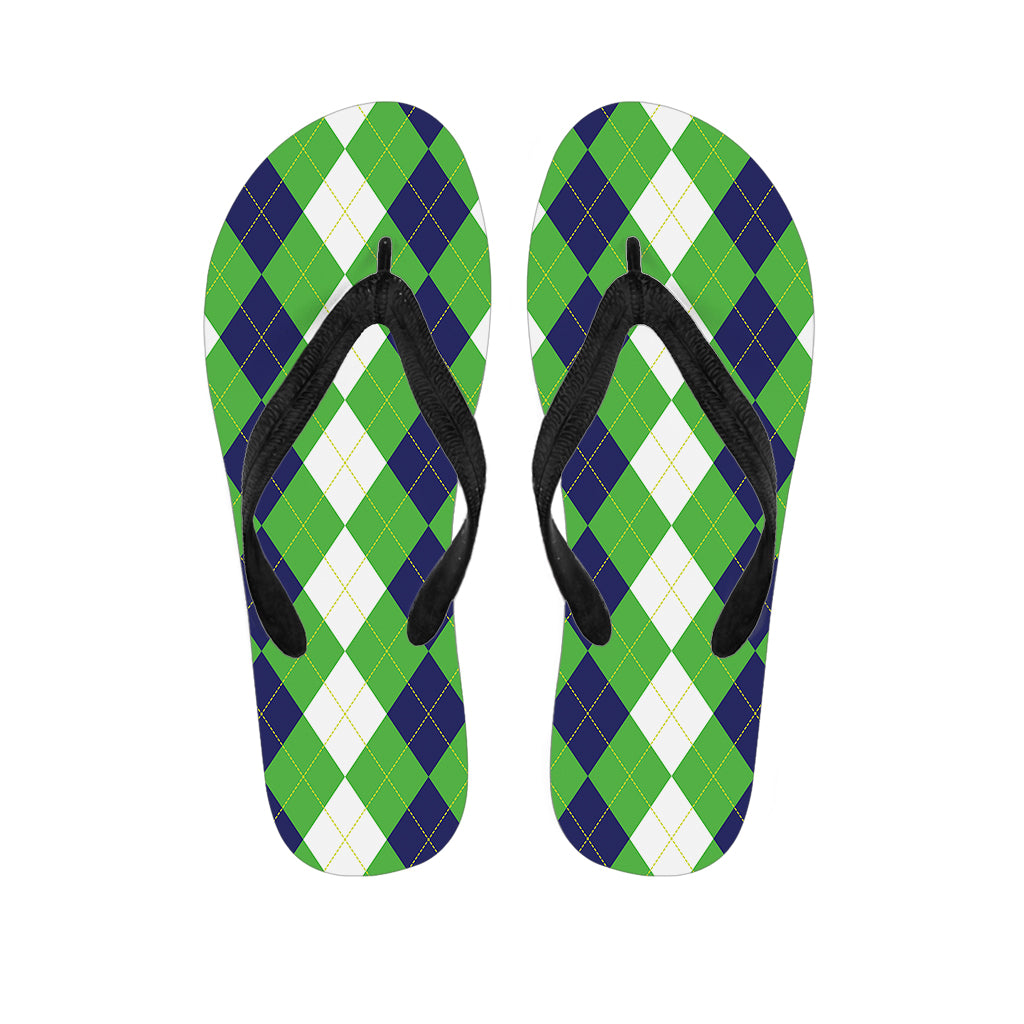 White Navy And Green Argyle Print Flip Flops