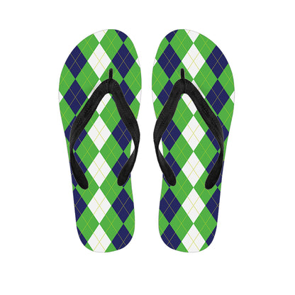 White Navy And Green Argyle Print Flip Flops