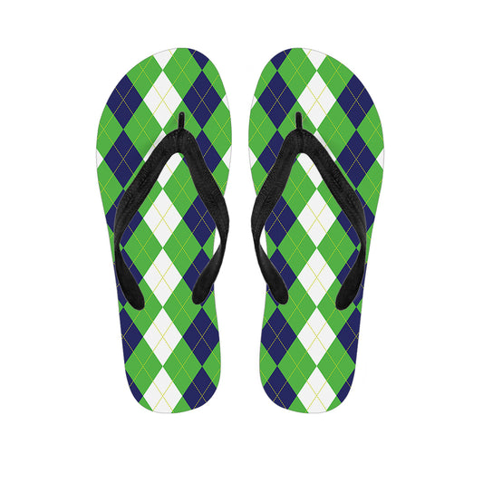 White Navy And Green Argyle Print Flip Flops