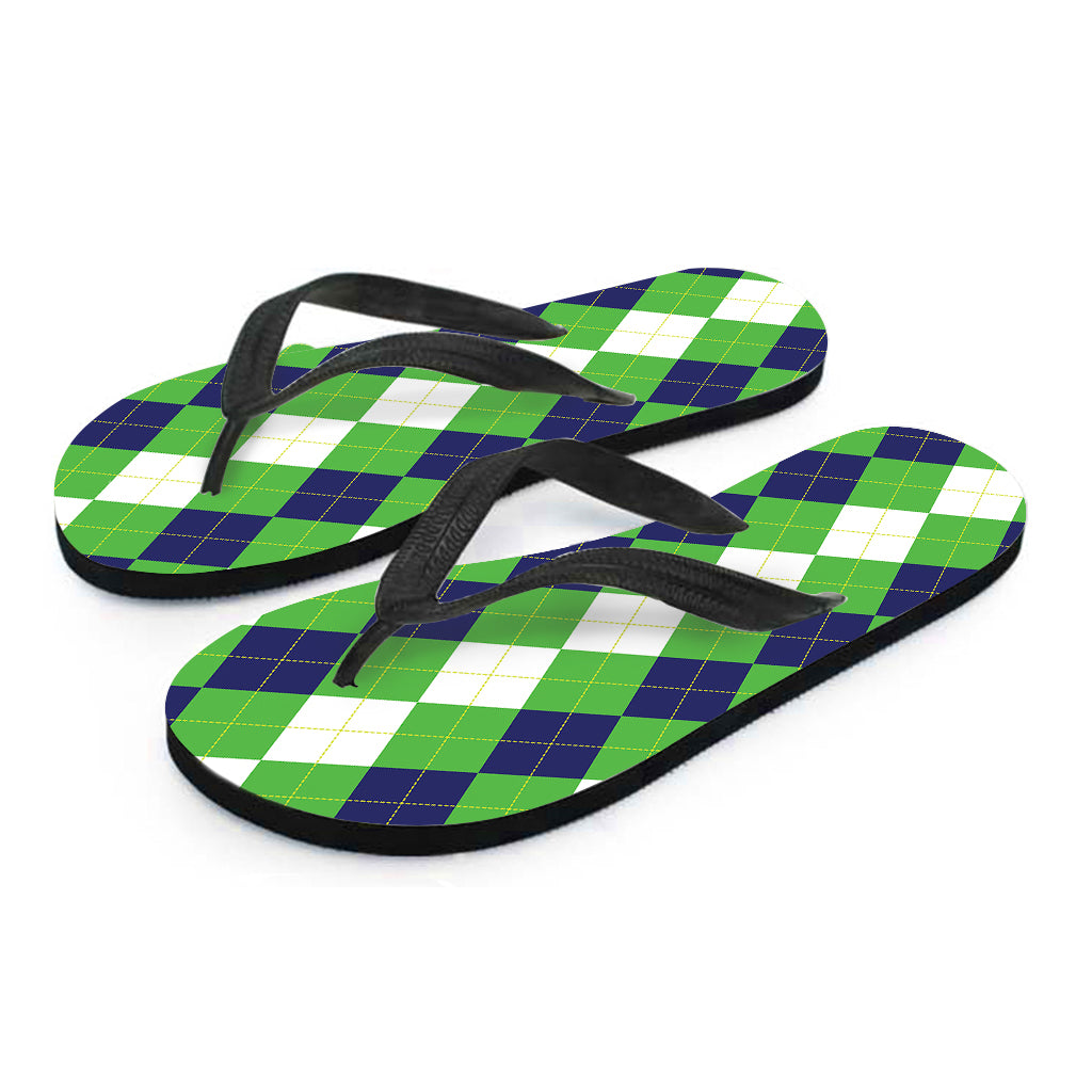 White Navy And Green Argyle Print Flip Flops
