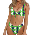 White Navy And Green Argyle Print Front Bow Tie Bikini