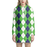 White Navy And Green Argyle Print Hoodie Dress