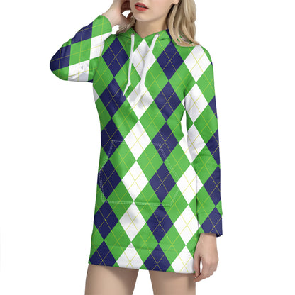 White Navy And Green Argyle Print Hoodie Dress