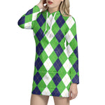 White Navy And Green Argyle Print Hoodie Dress