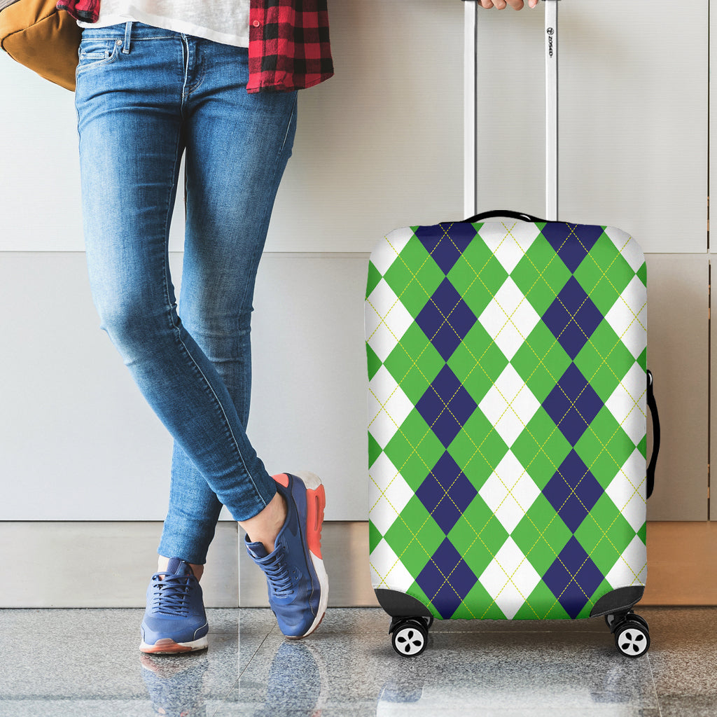 White Navy And Green Argyle Print Luggage Cover