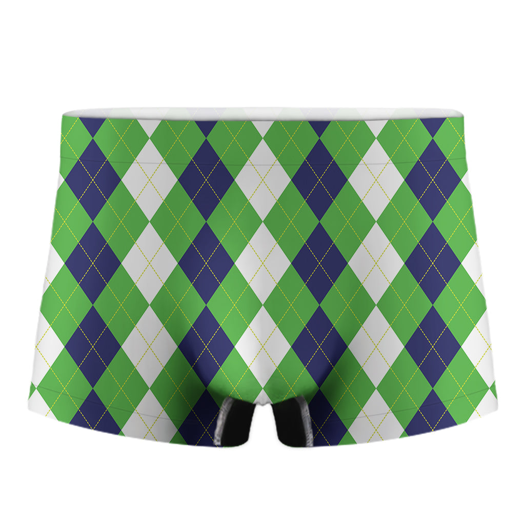 White Navy And Green Argyle Print Men's Boxer Briefs