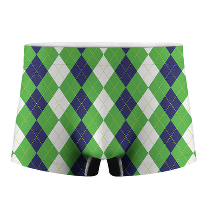 White Navy And Green Argyle Print Men's Boxer Briefs